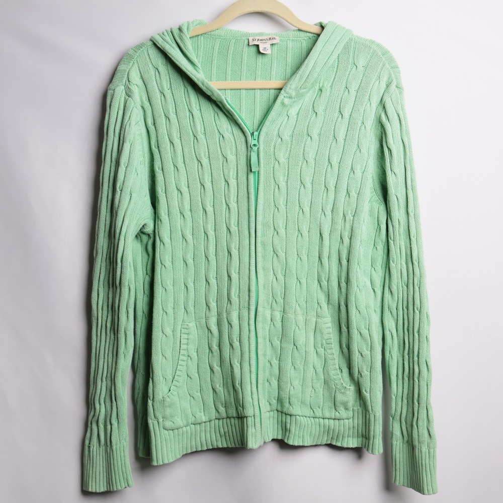 St Johns Bay Woman Mint Green Cable Knit Full Zip Hoodie Sweater 2X Plus Size